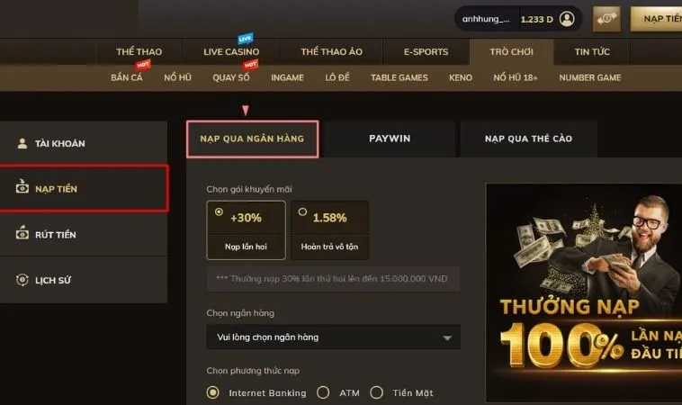 Giao diện Nạp Tiền BET168VN