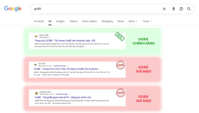 Khi so sánh trực tiếp, logo Go88.com thật tạo cảm giác chuyên nghiệp và tin cậy, còn logo giả Go88.com trông tạm bợ và thiếu thẩm mỹ.